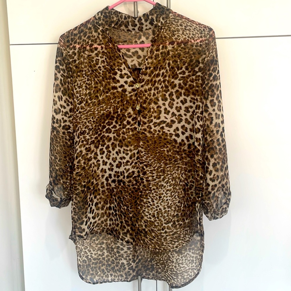Leopard Print Sheer Long Sleeve High Low Blouse Tunic M